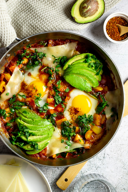 Easy Shakshuka and Poached Eggs - Plated Focus